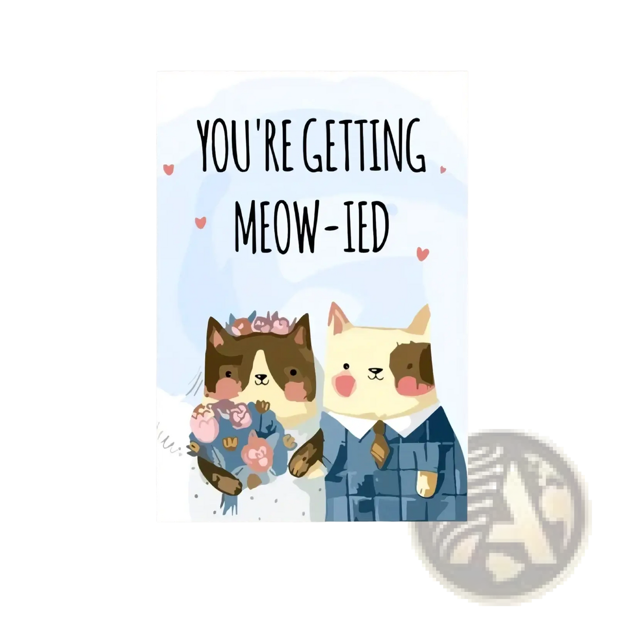A charming cat wedding anniversary greeting card featuring two cartoon cats in wedding attire with a bouquet