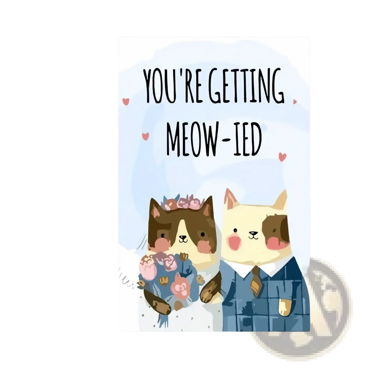 A charming cat wedding anniversary greeting card with two cartoon cats in wedding attire holding a bouquet