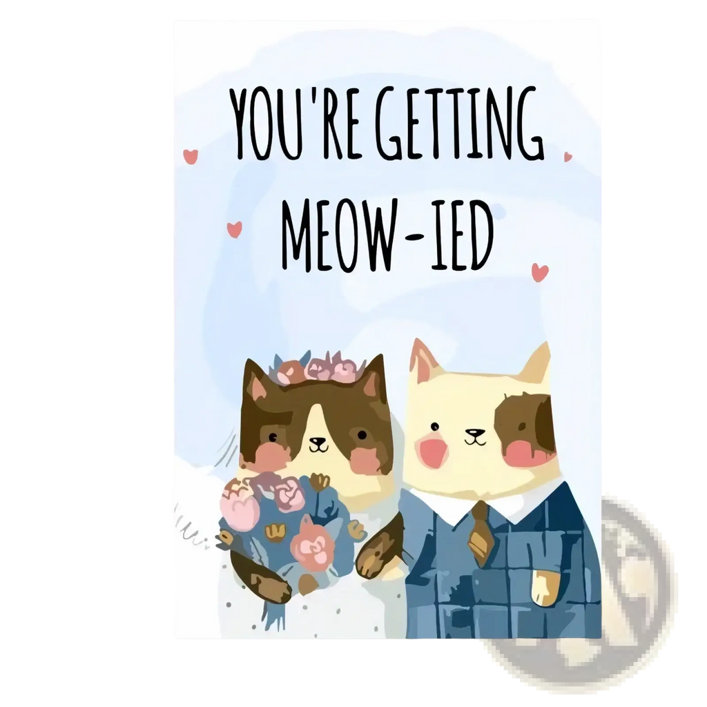 A charming cat wedding anniversary greeting card featuring two cartoon cats in wedding attire holding a bouquet