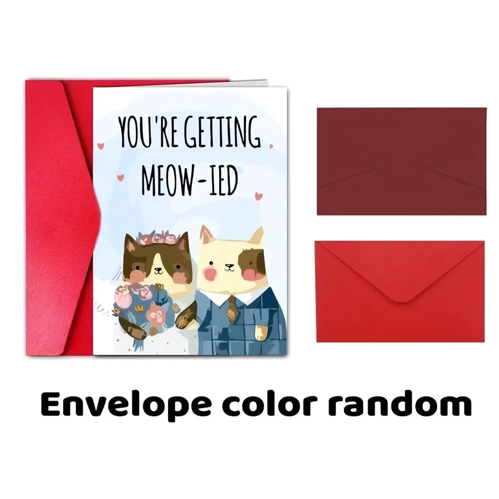A cat wedding anniversary greeting card with two cartoon cats in wedding attire and you are getting meowied text with red envelope