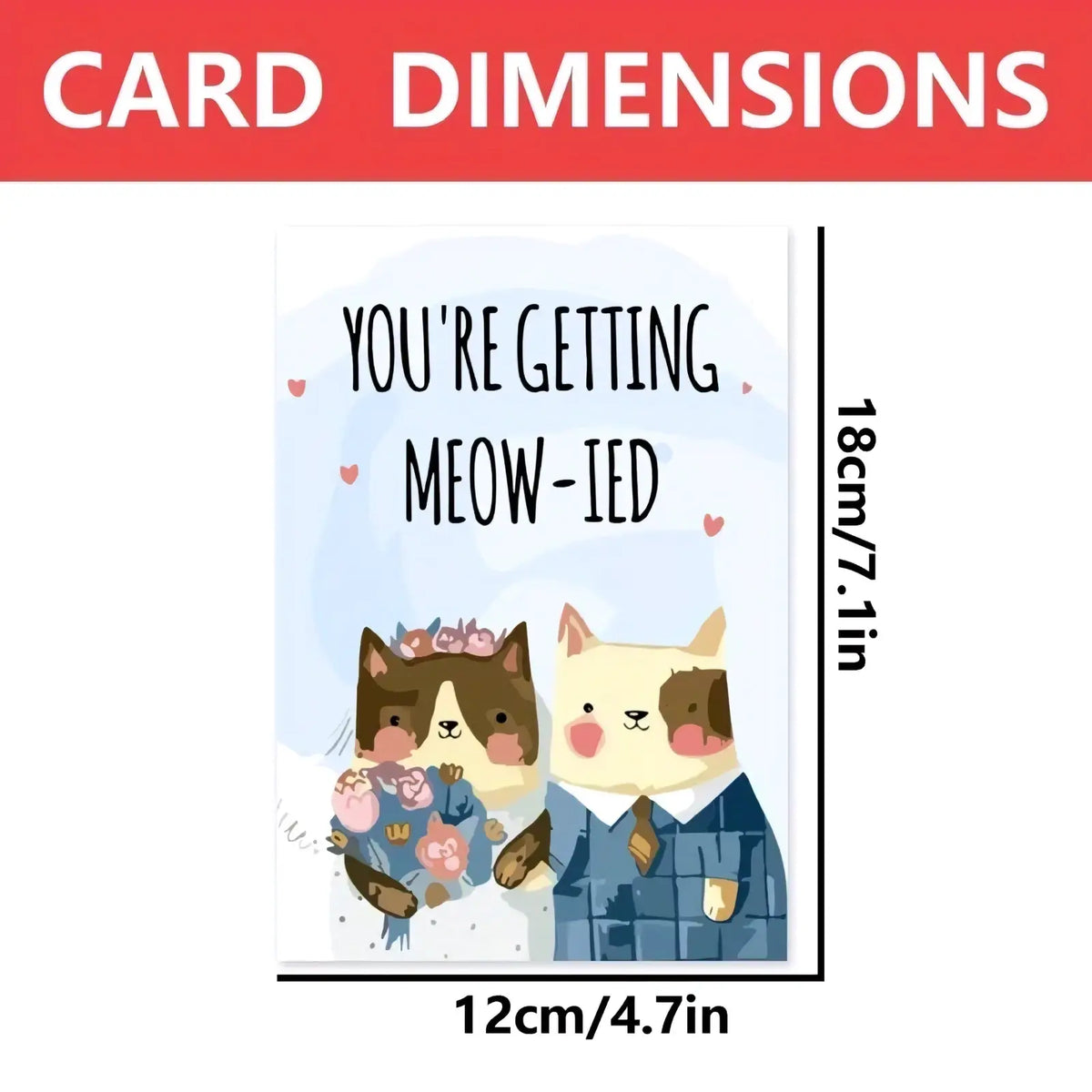 A white cat wedding anniversary greeting card featuring two cartoon cats in formal attire with you’re getting meow-ied text