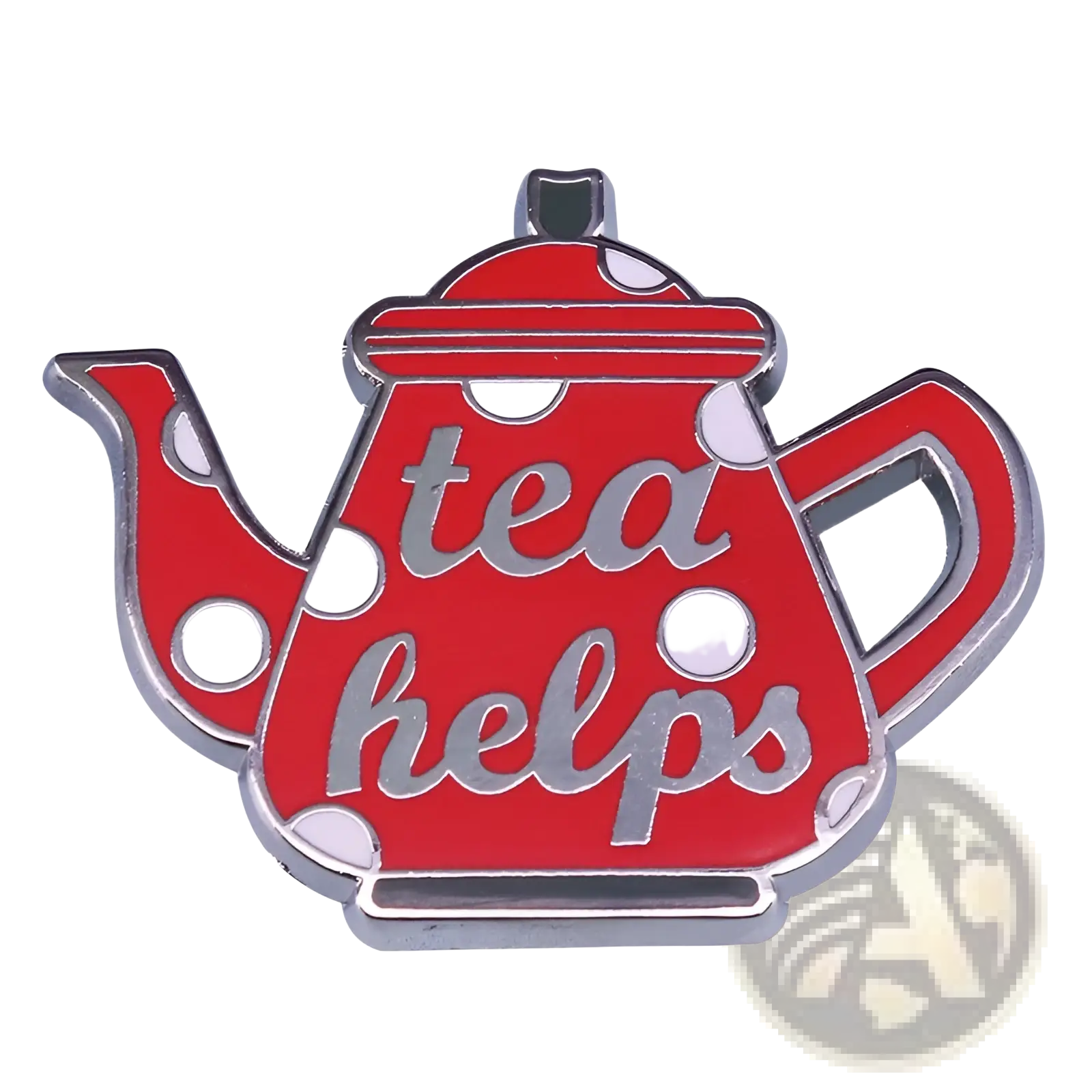 Red enamel cat witch teapot pin with white polka dots and silver lettering tea helps whimsical copper brooch