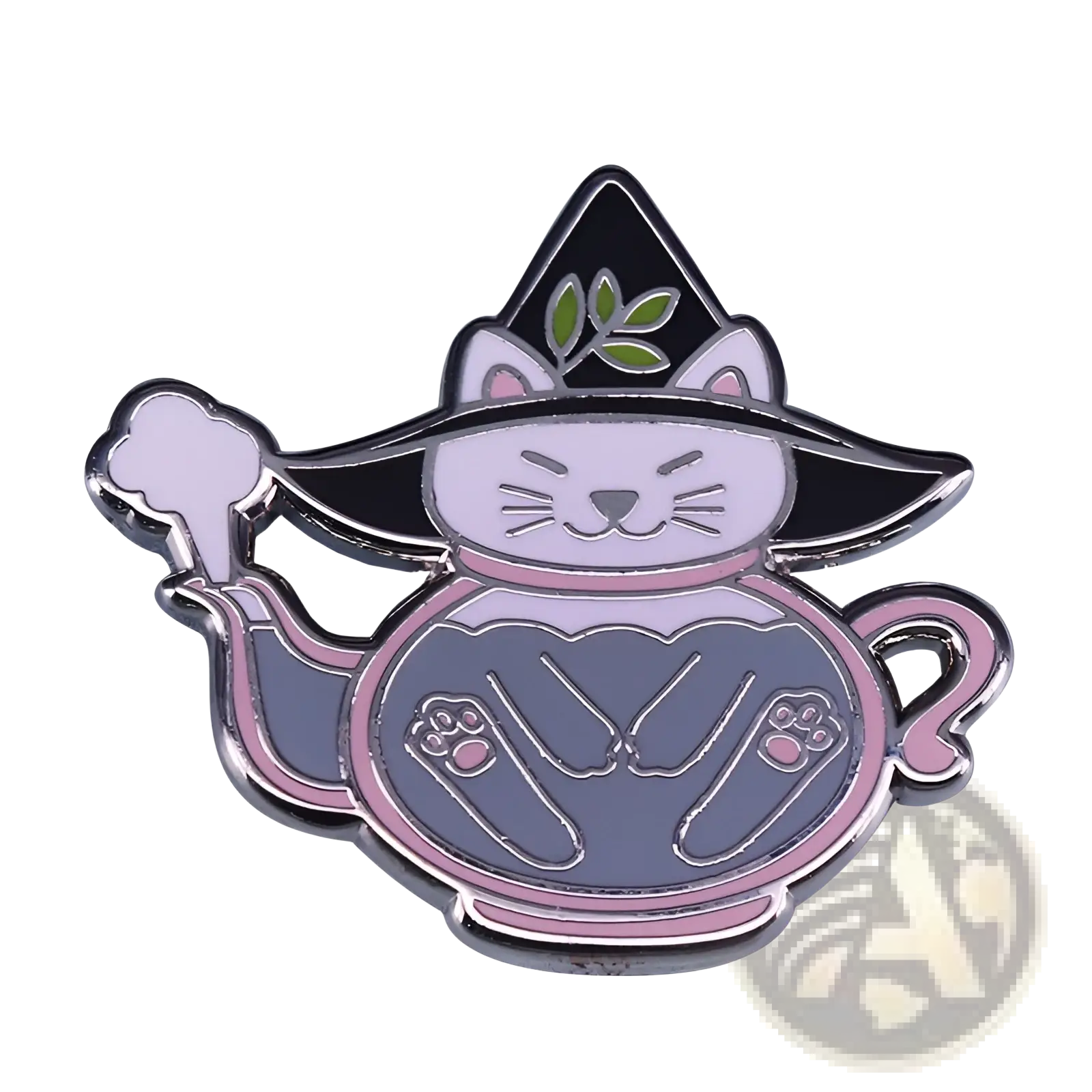 A whimsical cat witch enamel pin featuring a black hat with green leaves, pink collar, seated in a gray teapot with pink trim