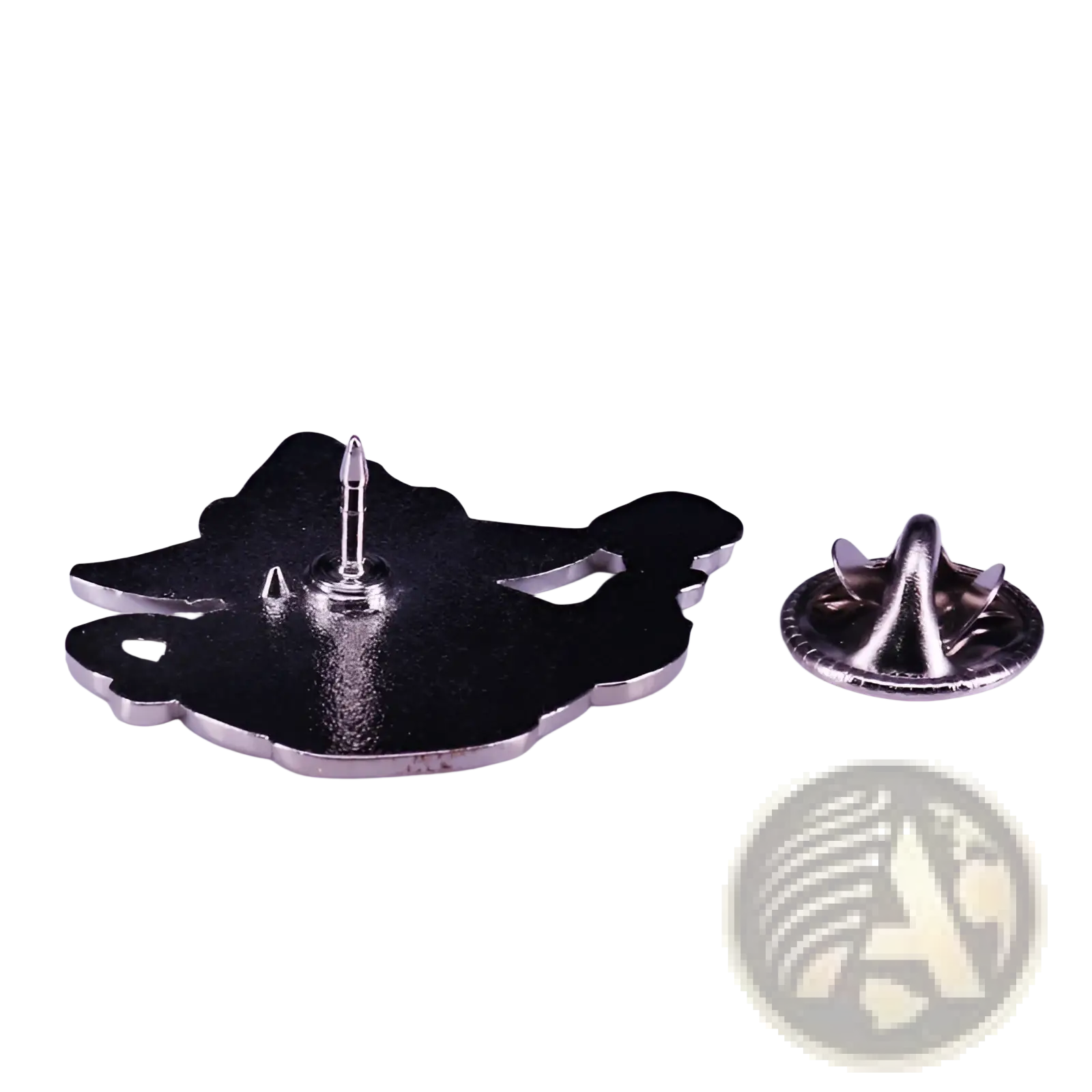 Black enamel pin shaped like a stylized cat with silver toned metal edges from the cat witch teapot whimsical copper brooch collection