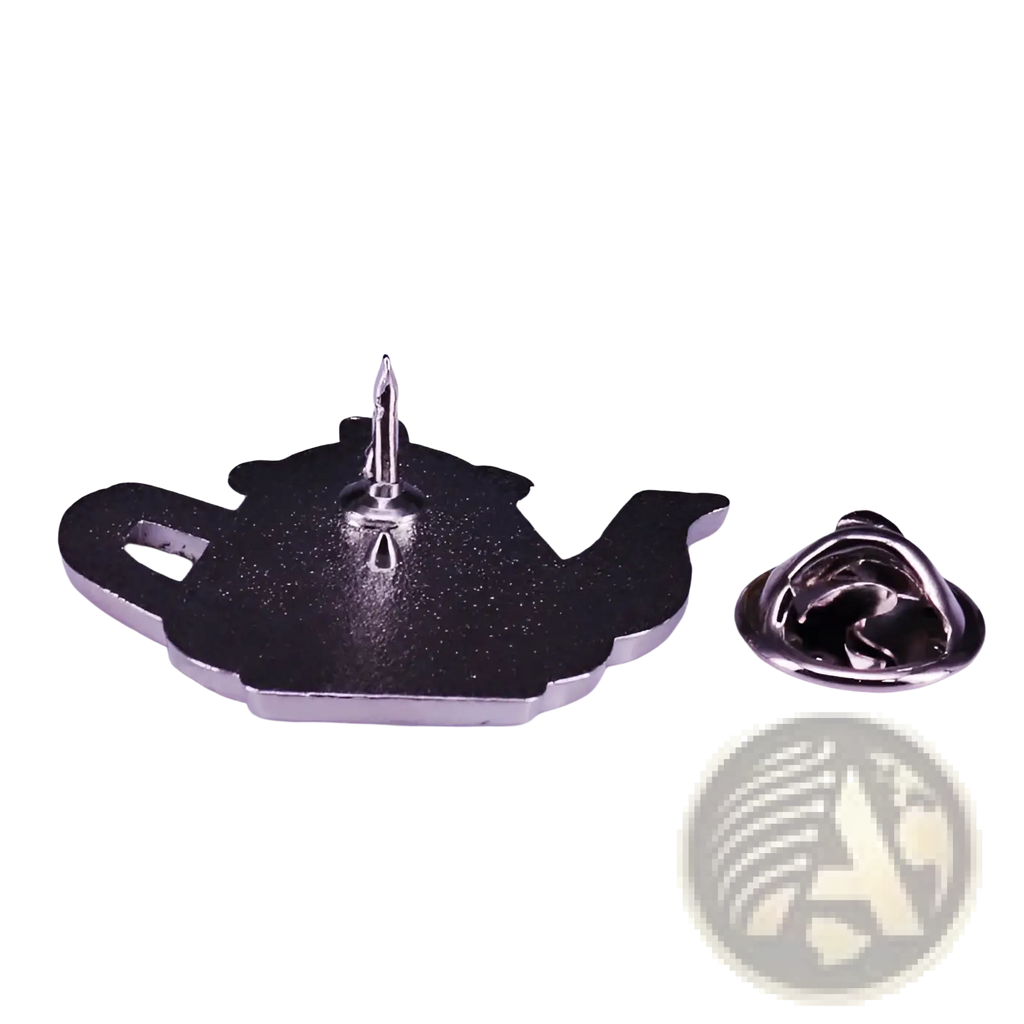 Black enamel cat witch teapot enamel pin with silver-toned metal clasp and backing whimsical copper brooch