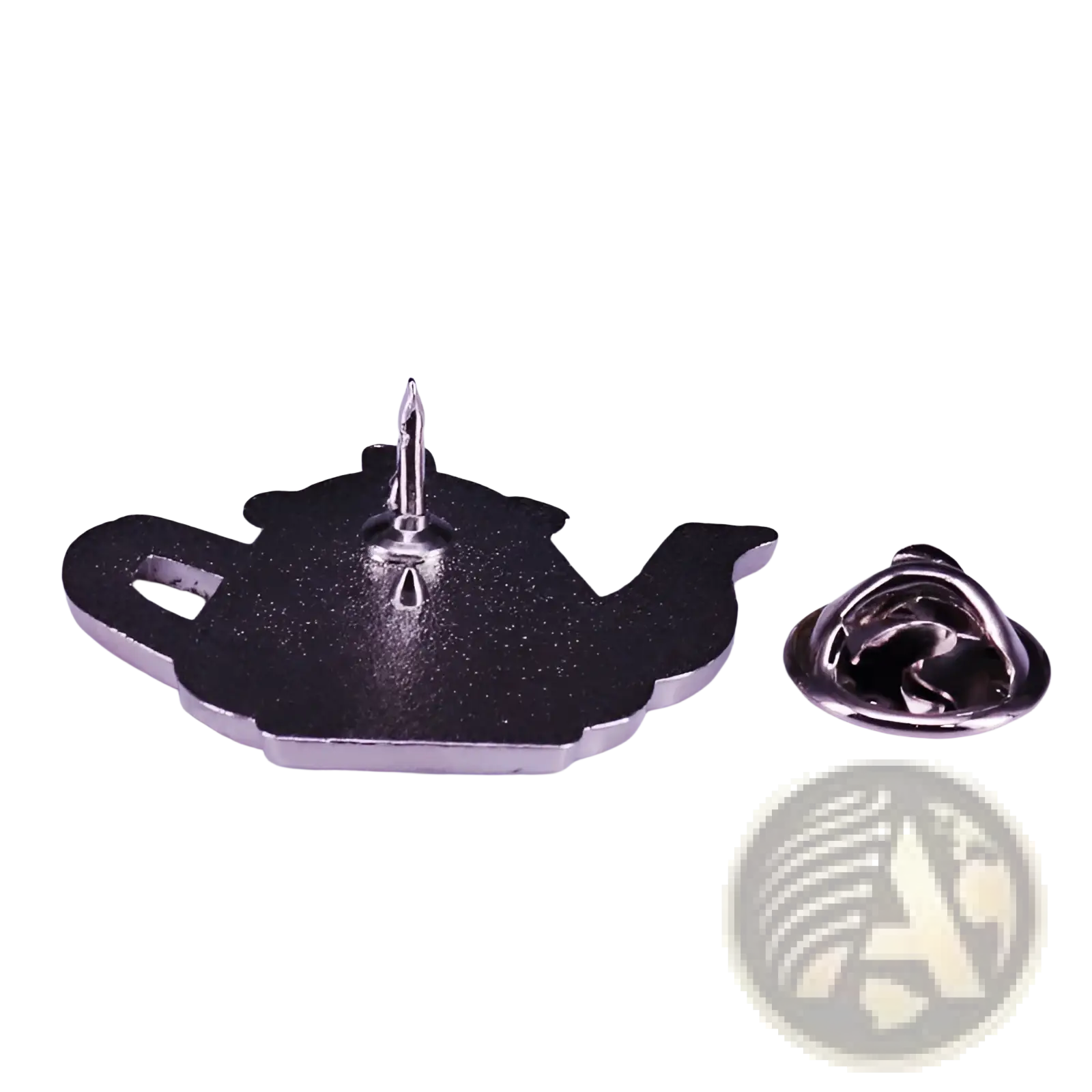 Black enamel cat witch teapot enamel pin with silver-toned metal clasp and backing whimsical copper brooch
