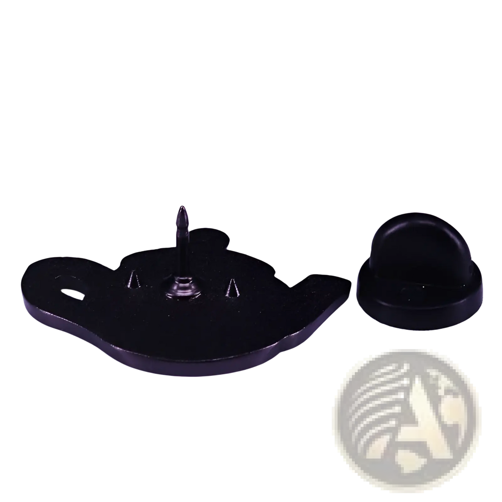 Black teapot-shaped enamel pin with metallic clasp and matching backing cap from cat witch whimsical copper brooch collection