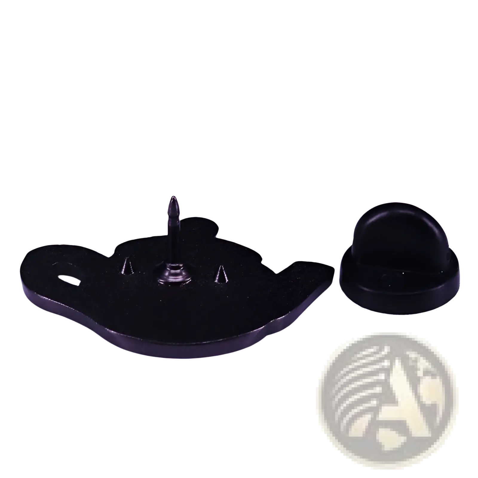 Black teapot-shaped enamel pin with metallic clasp and matching backing cap from cat witch whimsical copper brooch collection