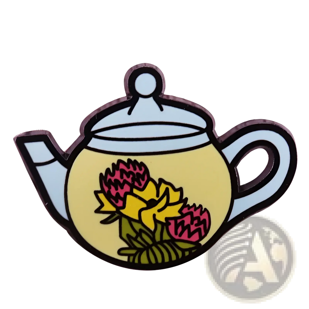 Cat witch teapot enamel pin yellow copper brooch with pink and yellow flowers and light blue accents