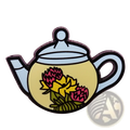 Cat witch teapot enamel pin yellow copper brooch with pink and yellow flowers and light blue accents