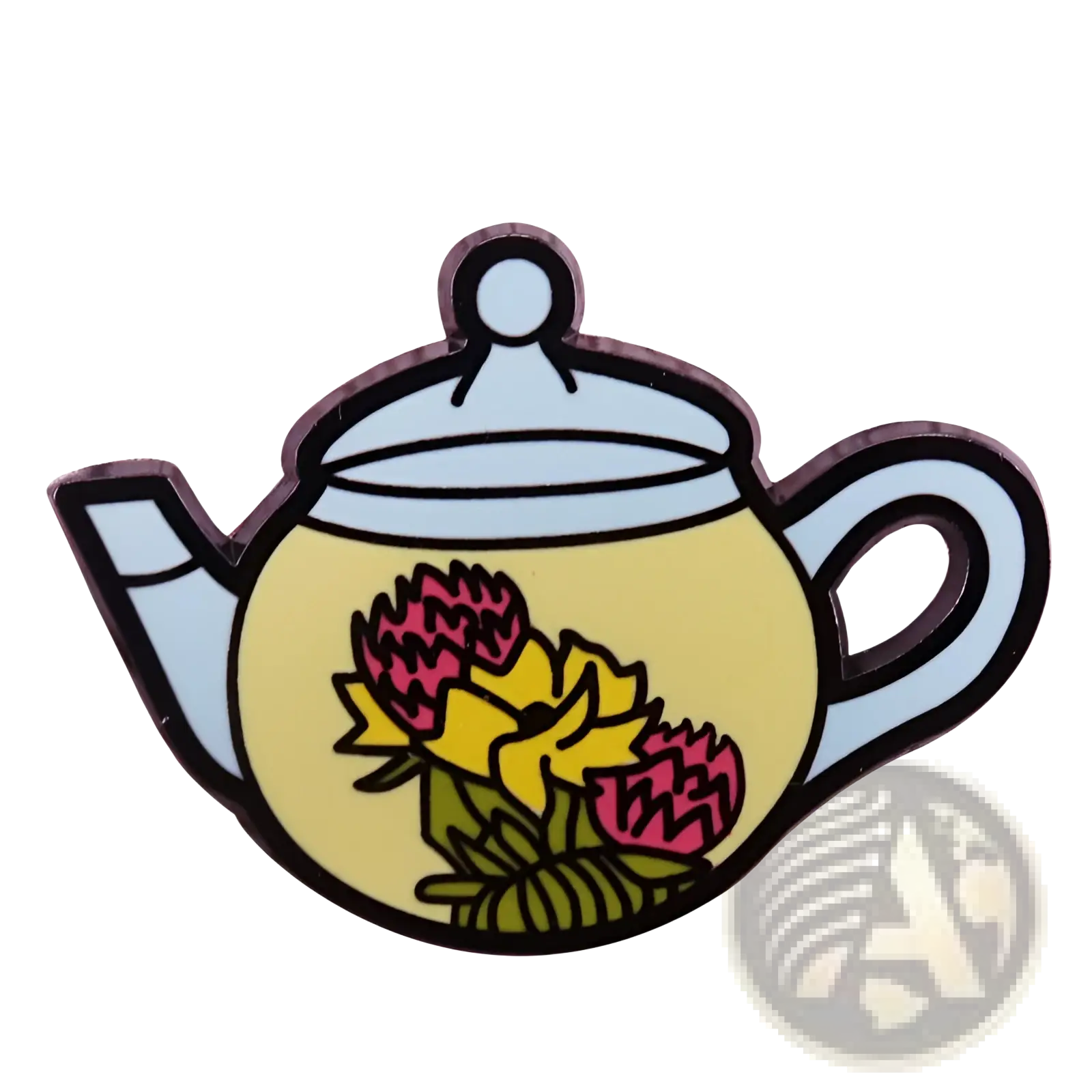Cat witch teapot enamel pin yellow copper brooch with pink and yellow flowers and light blue accents