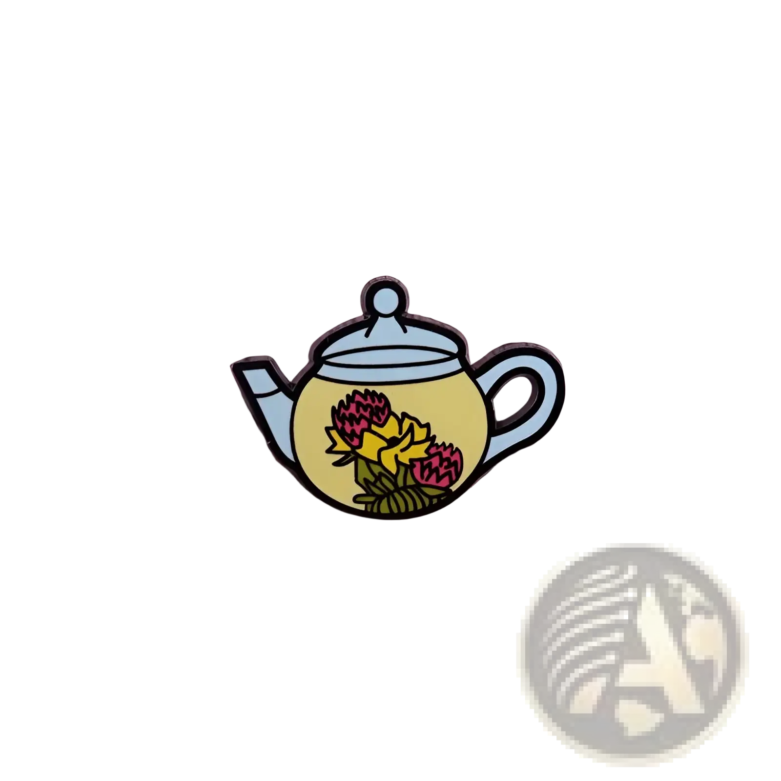 Yellow enamel cat witch teapot pin with pink and yellow flowers, light blue lid and handle, whimsical copper brooch