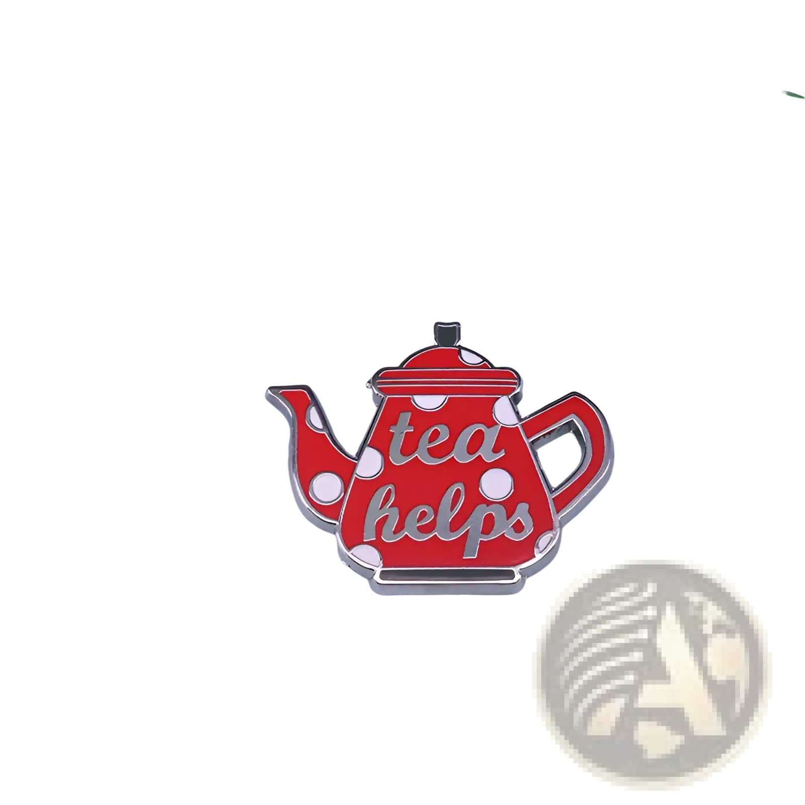 Cat witch teapot enamel pin featuring a red enamel teapot with white polka dots and silver tea helps lettering