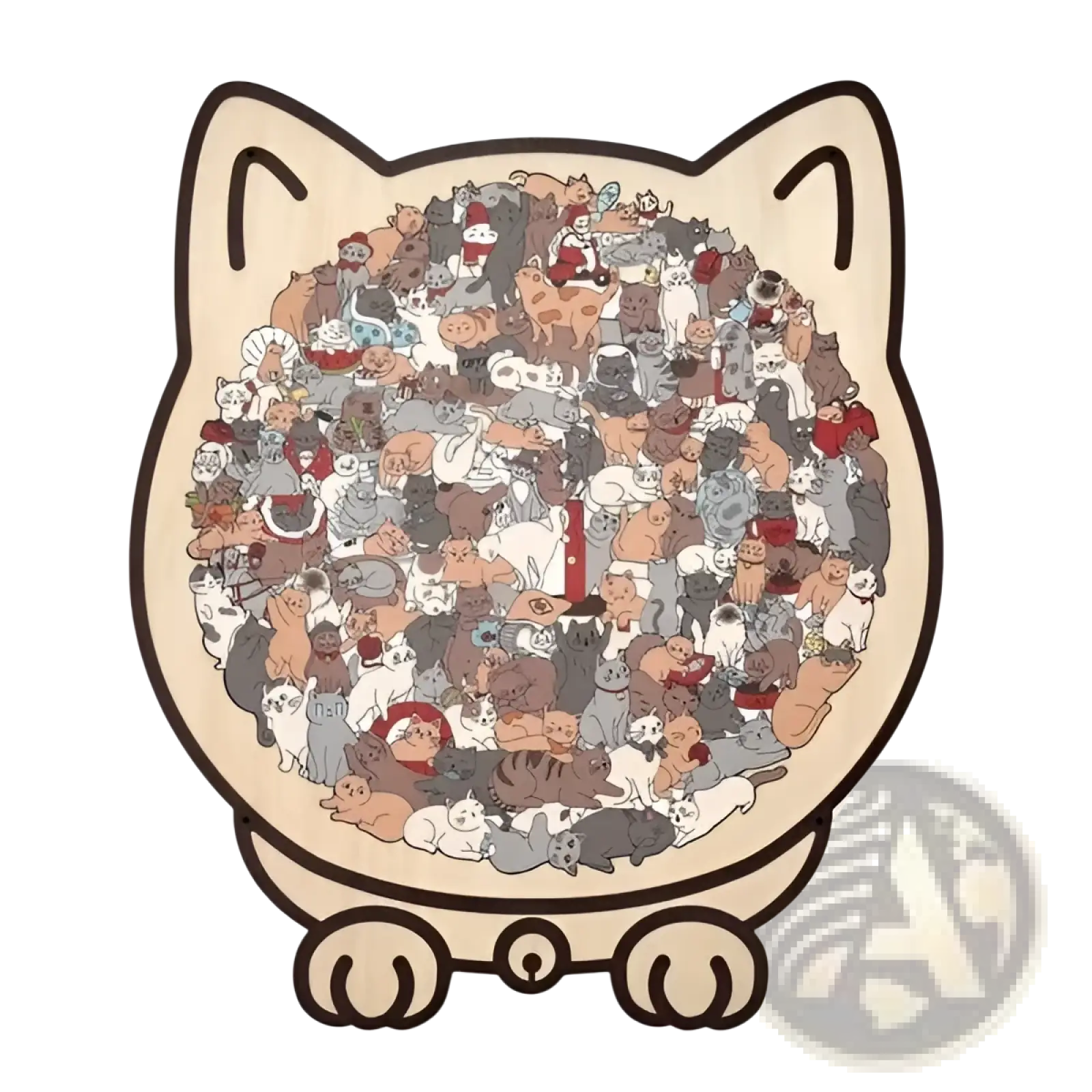 Beige cat wooden puzzle mat featuring a dense illustration of various cats in multiple colors and poses