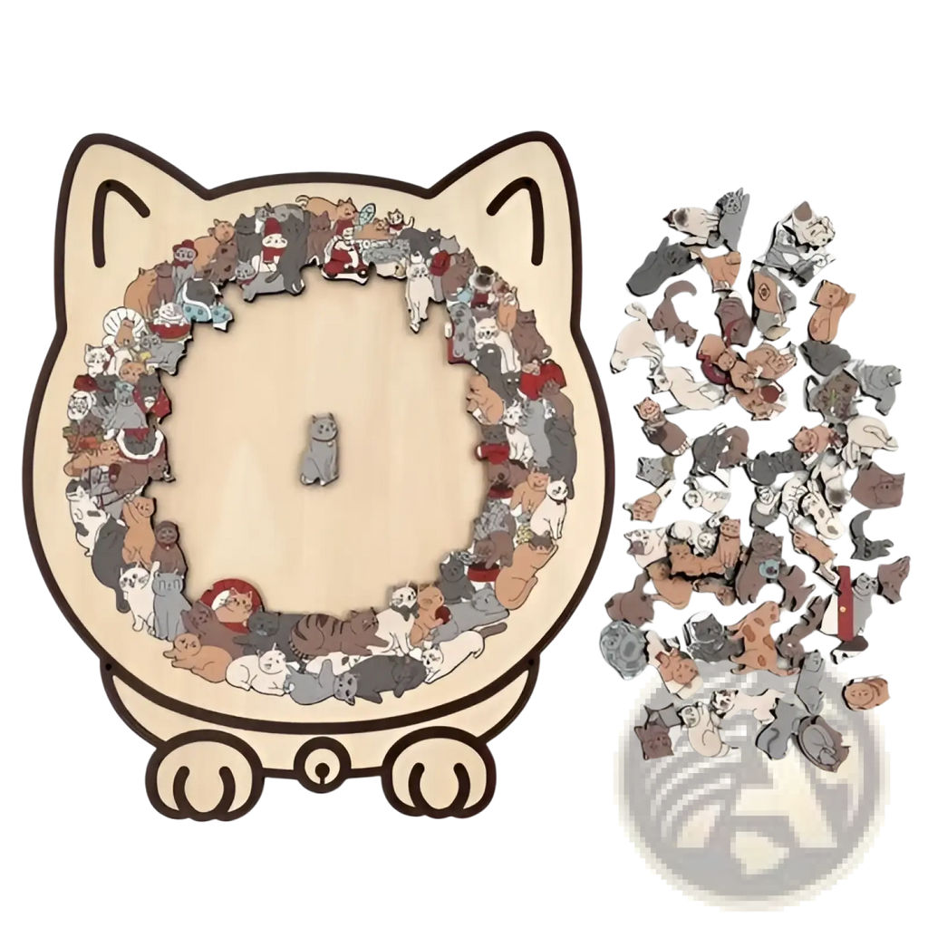 Cat wooden puzzle 135 piece morandi jigsaw toy with cat-shaped wooden pieces in various colors and poses