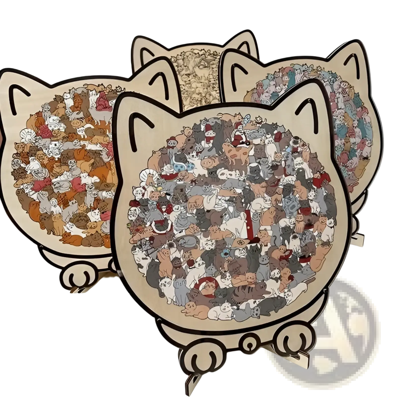 Wooden cat-shaped puzzle featuring intricate illustrations of various cats in natural wood finish morandi colors
