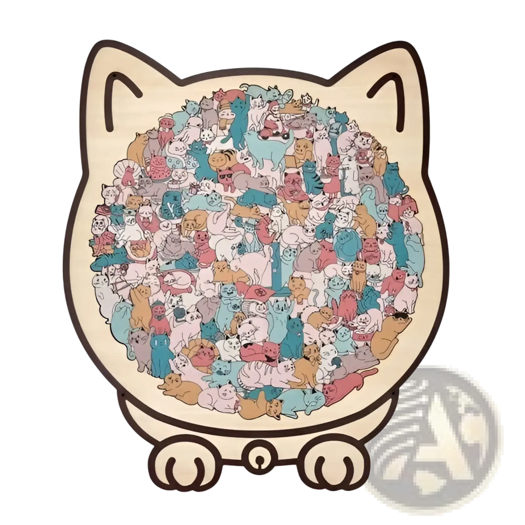 Cute beige cat wooden puzzle mat with 135 morandi pieces featuring colorful illustrated cats in various poses