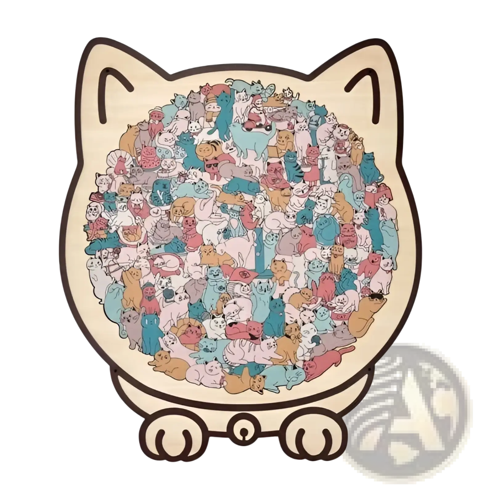 Cute beige cat wooden puzzle mat with 135 morandi pieces featuring colorful illustrated cats in various poses