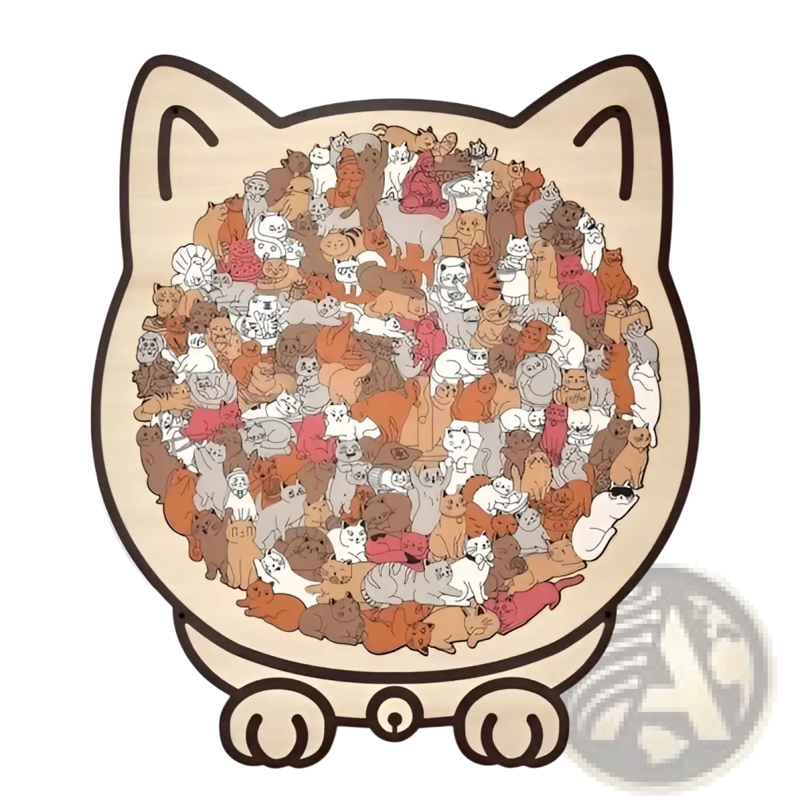 Beige cat wooden puzzle mat featuring 135 colorful illustrated cats in various poses with black outlines for children