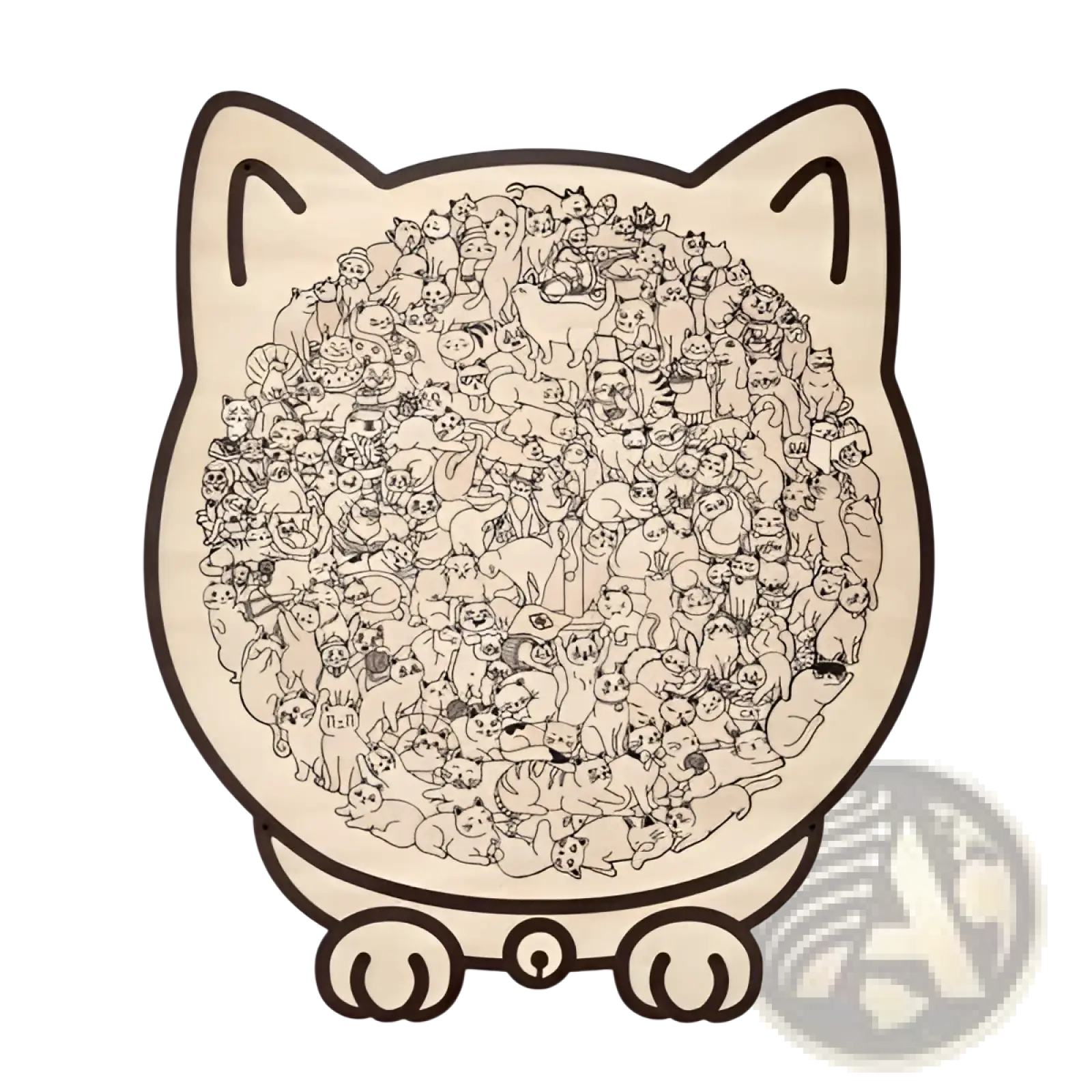 Beige wooden cat puzzle mat with detailed black line drawings of various cats in multiple poses 135 piece morandi toy