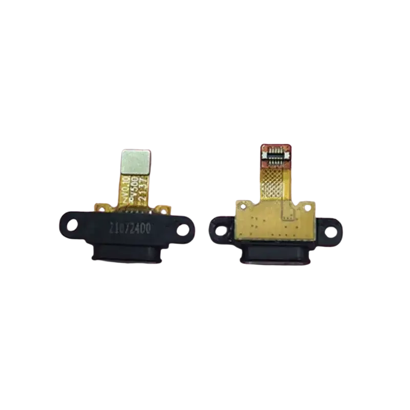 Black plastic housing with gold flexible circuit board and component labels on cat s62pro usb charging port flex cable back side