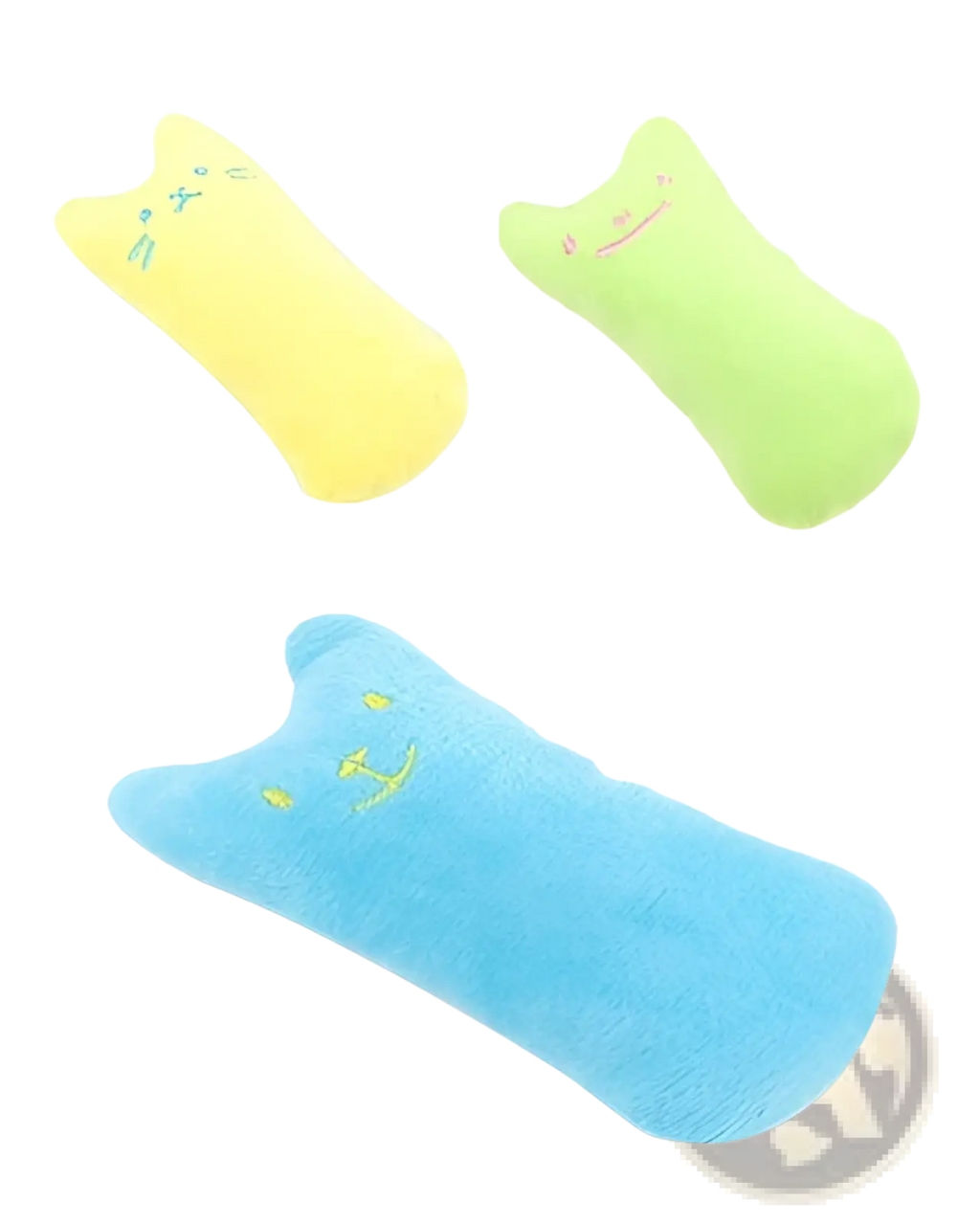 Three colorful catnip toy plush pillows in yellow light green and blue with embroidered smiling faces for interactive play