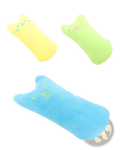 Three colorful catnip toy plush pillows in yellow light green and blue with embroidered smiling faces for interactive play