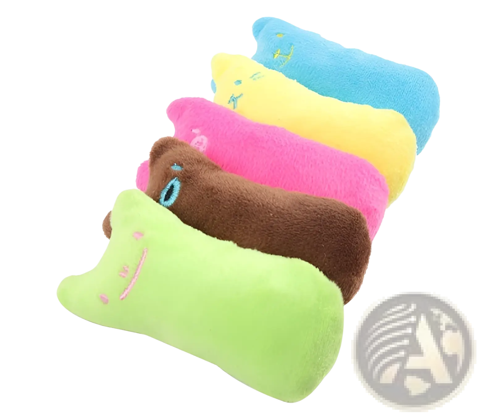 A set of colorful plush bone-shaped catnip toys with embroidered faces for interactive cat play and cuddling