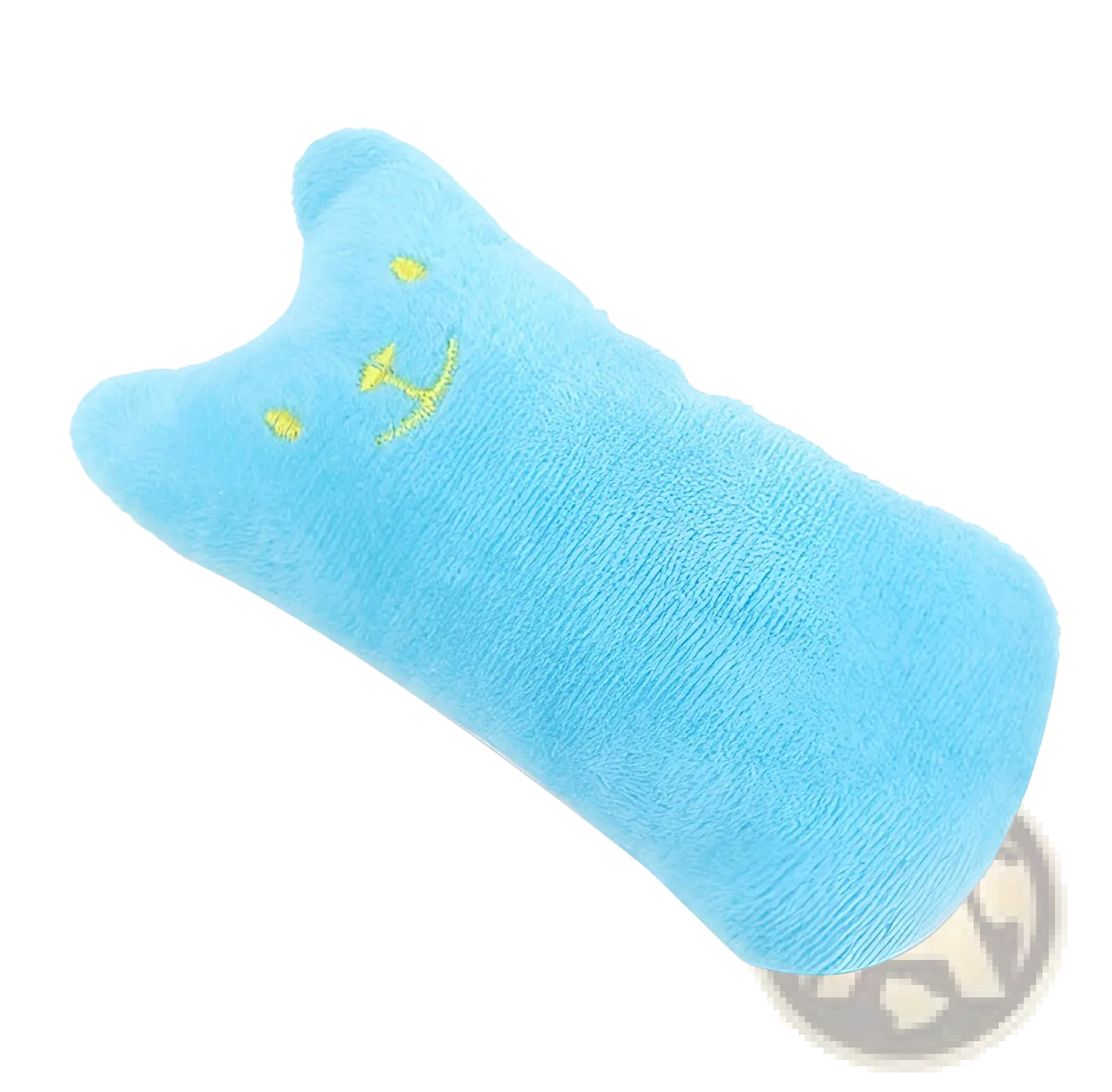 Light blue plush cat-shaped bath sponge with yellow embroidered face for interactive cat play catnip toy pillow
