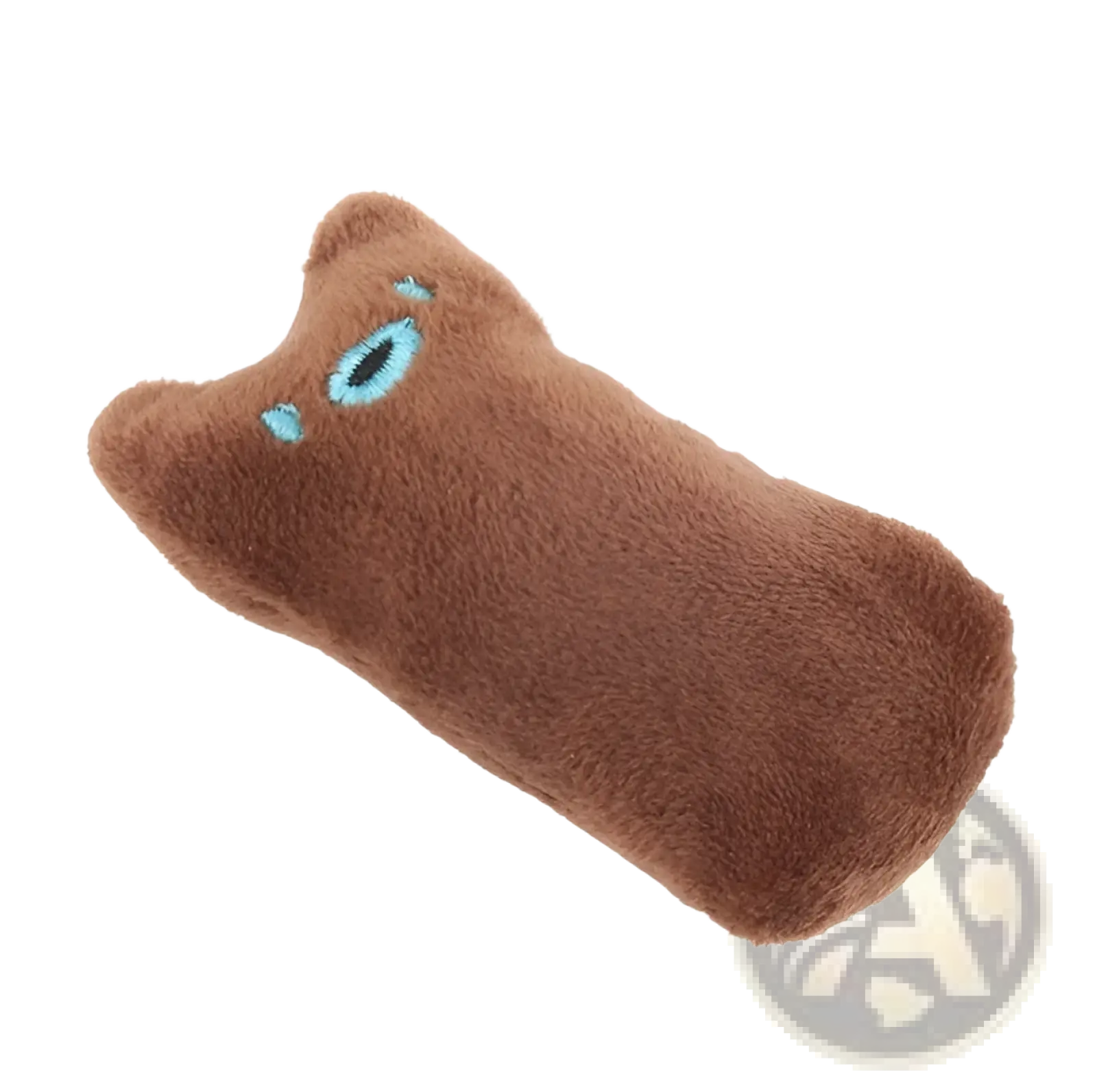 Brown plush catnip toy pillow with embroidered light blue eyes designed for interactive cat play