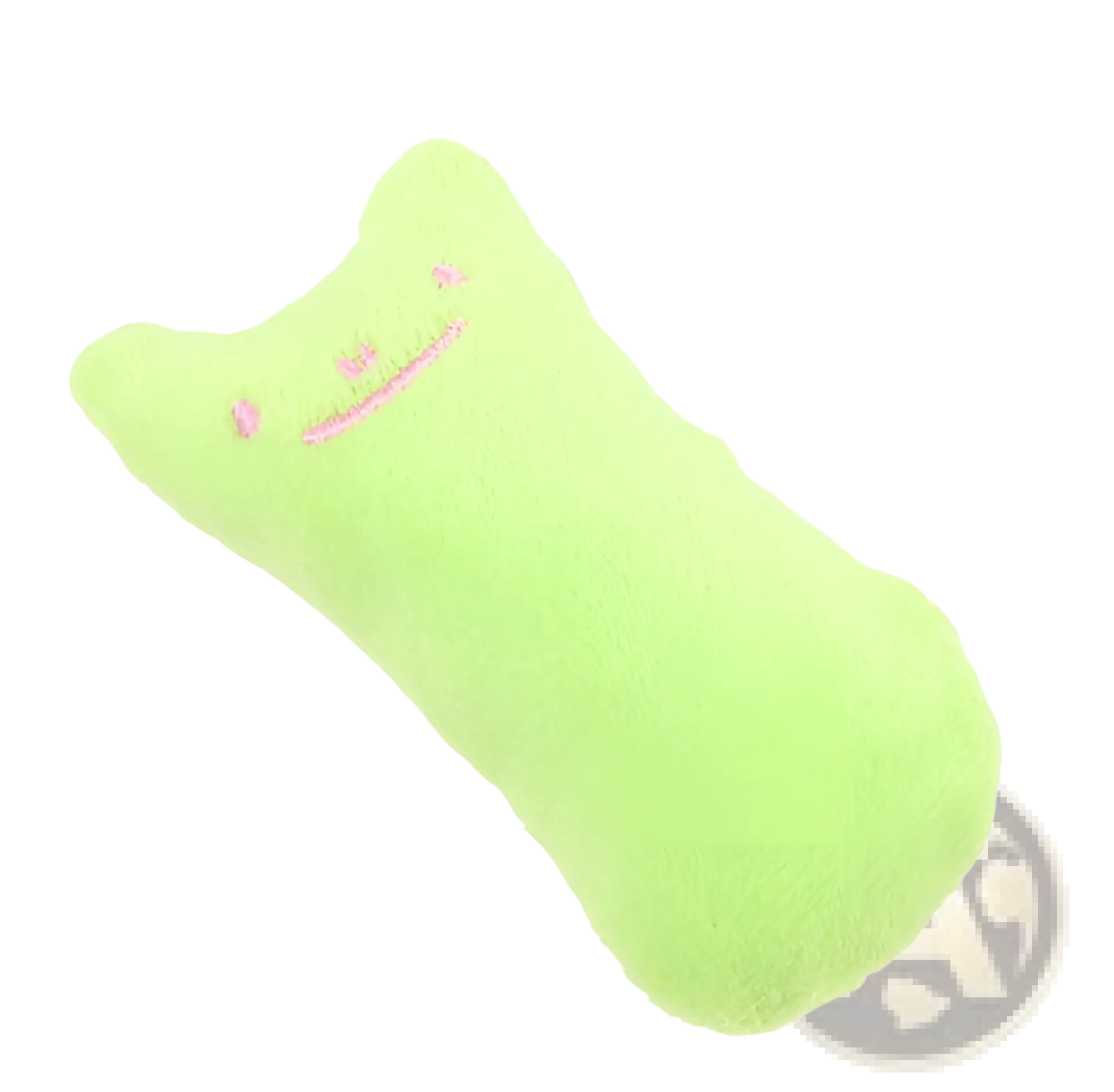 A soft lime green plush catnip toy pillow with embroidered pink facial features for interactive cat play