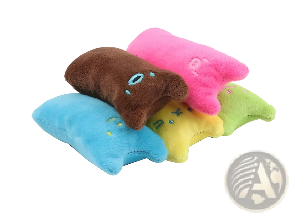 A brown plush catnip toy plush pillow with embroidered blue eyes for interactive cat play