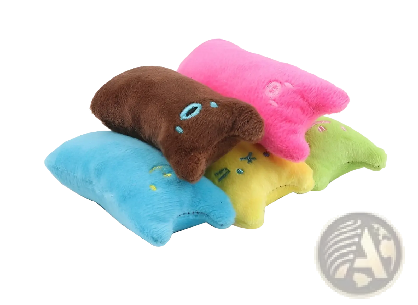 A brown plush catnip toy plush pillow with embroidered blue eyes for interactive cat play