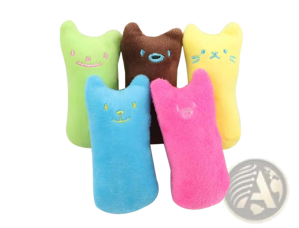Five colorful catnip toy plush pillows in green brown yellow blue and pink for interactive cat play