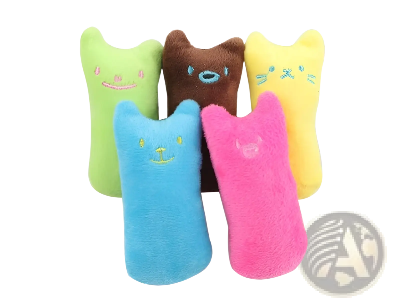 Five colorful catnip toy plush pillows in green brown yellow blue and pink for interactive cat play