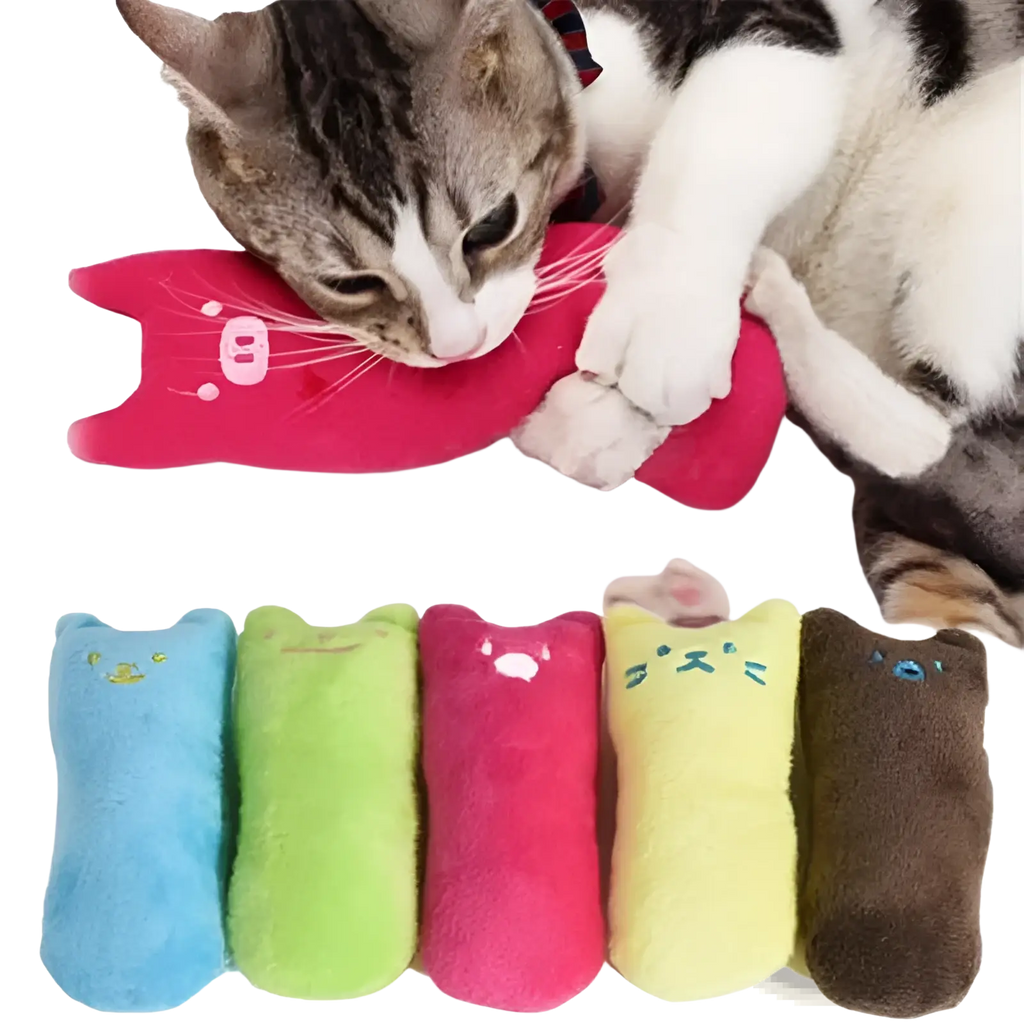A plush pink catnip toy pillow with embroidered features and soft fuzzy texture for interactive cat play