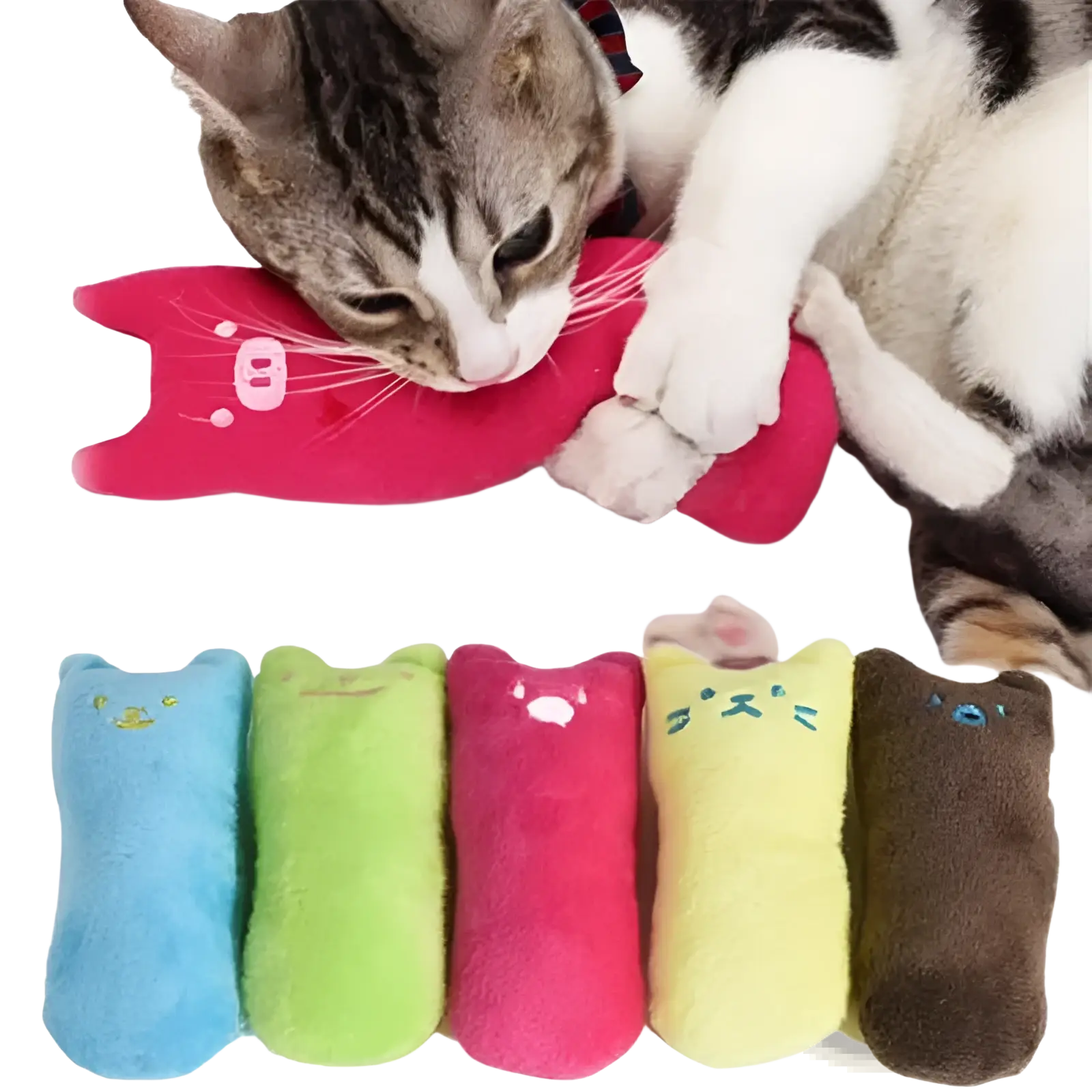 A plush pink catnip toy pillow with embroidered features and soft fuzzy texture for interactive cat play