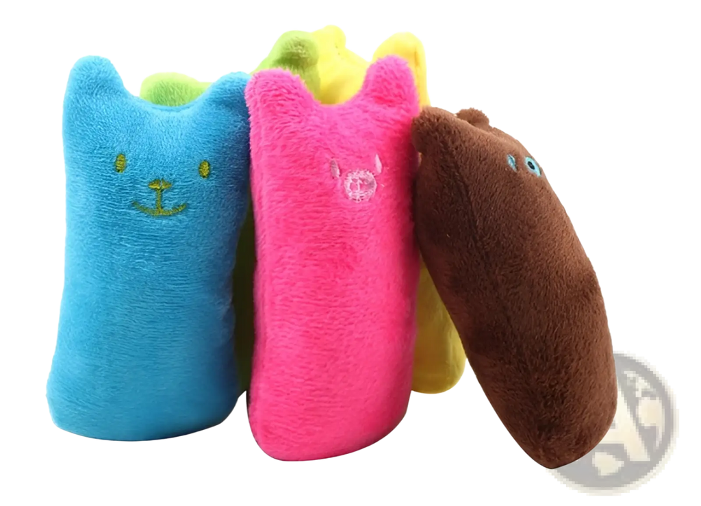Soft plush catnip toy plush pillow bath sponges in vibrant blue pink and brown with embroidered facial features