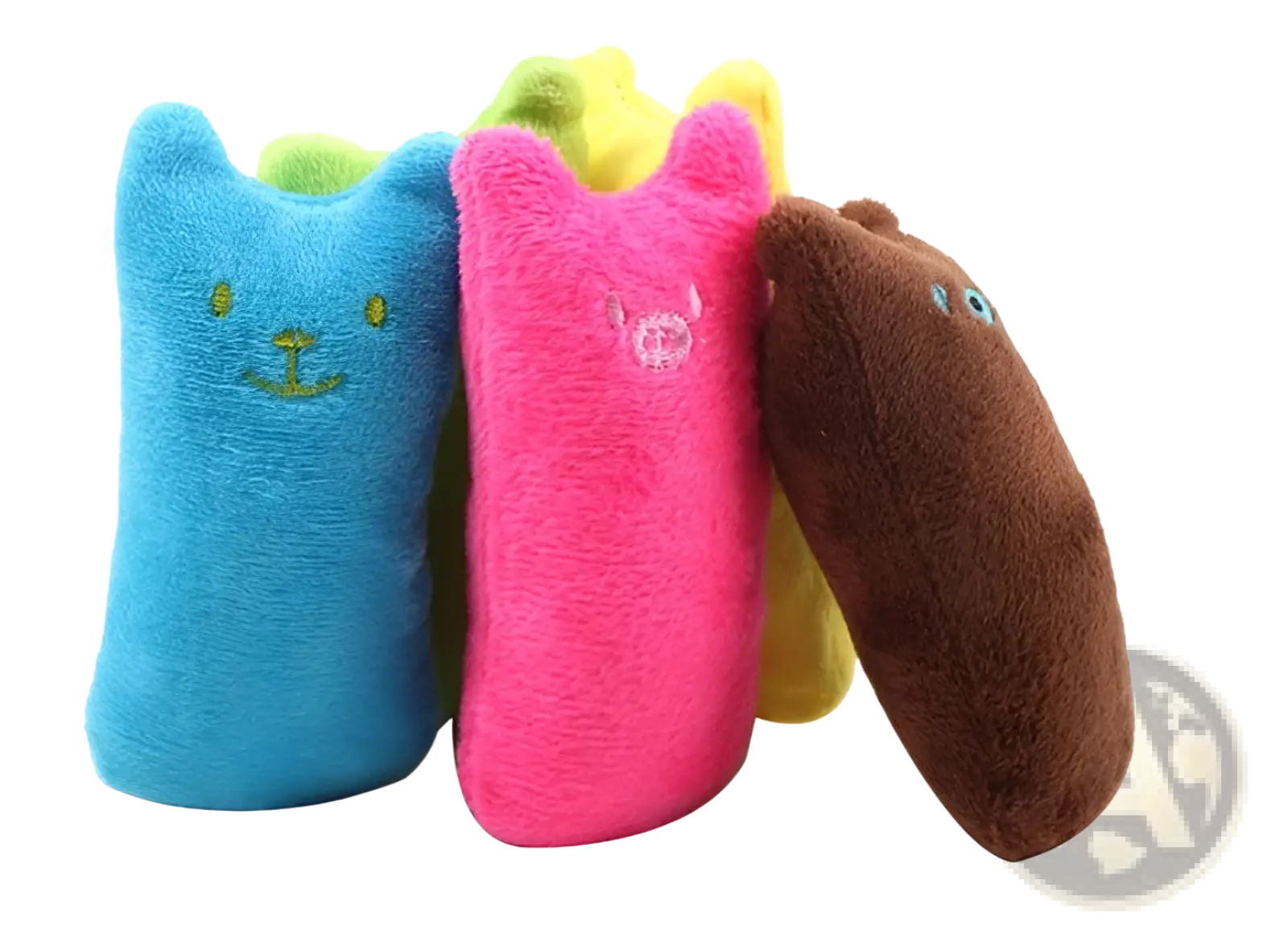Soft plush catnip toy plush pillow bath sponges in vibrant blue pink and brown with embroidered facial features