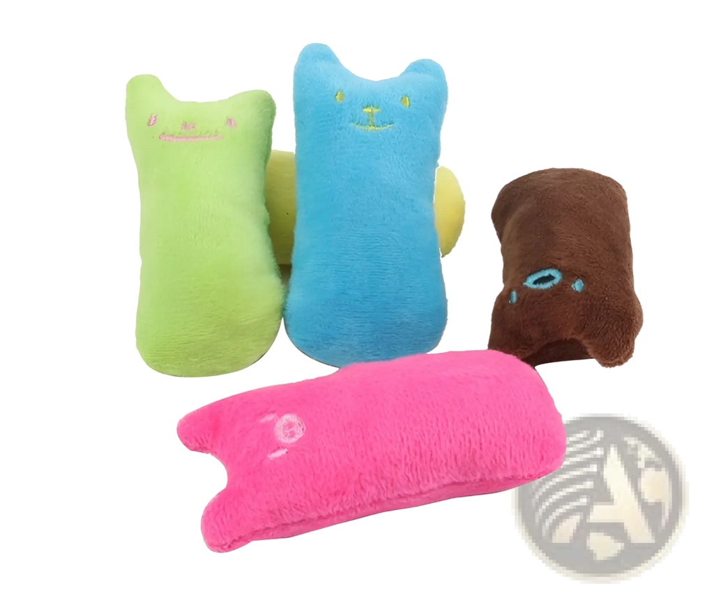 Soft plush cat-shaped catnip toy pillows in vibrant green blue brown and pink for interactive cat play