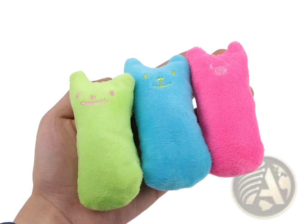 Three colorful plush catnip toy pillows in lime green light blue and bright pink for interactive cat play