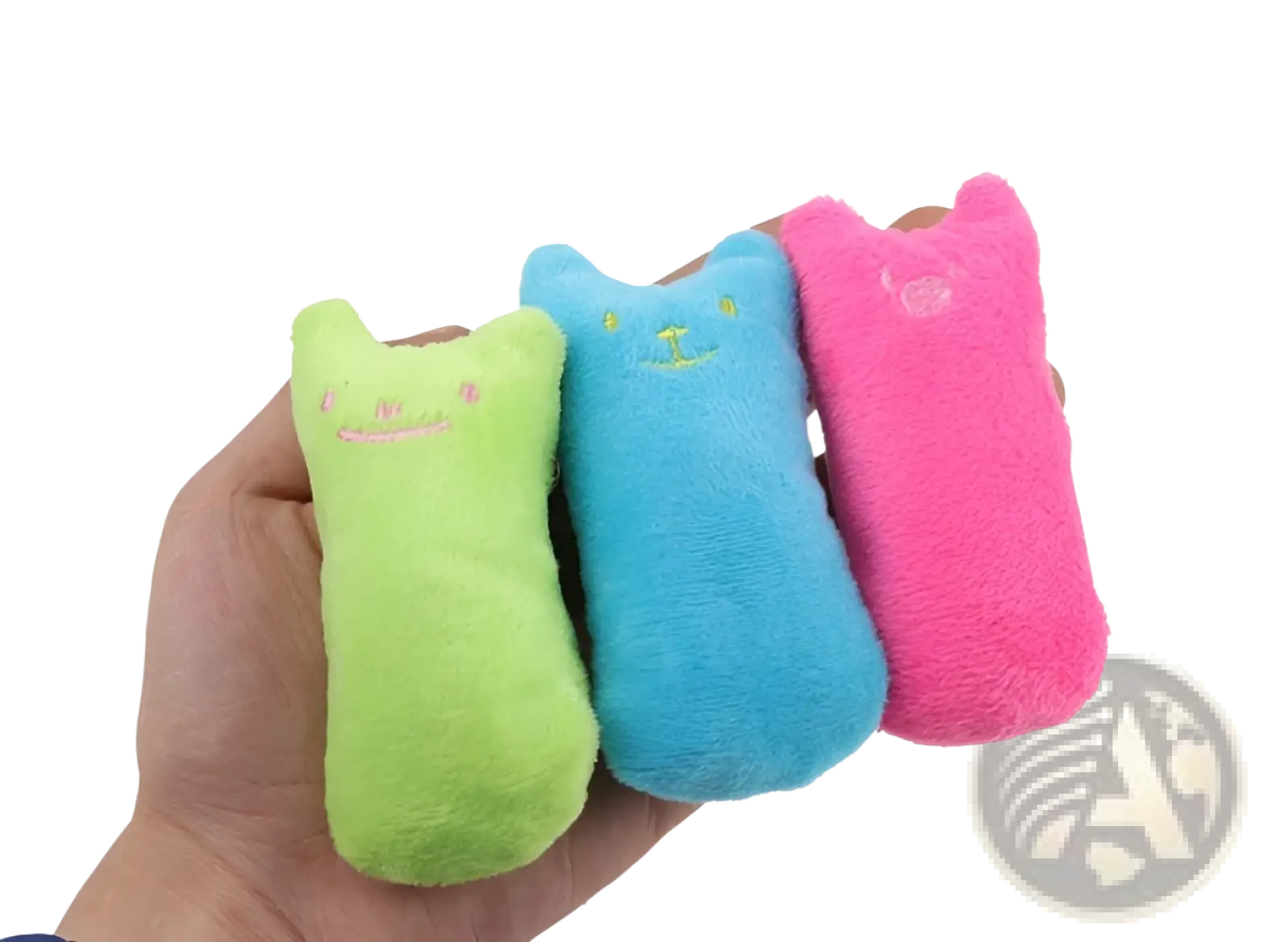 Three colorful plush catnip toy pillows in lime green light blue and bright pink for interactive cat play