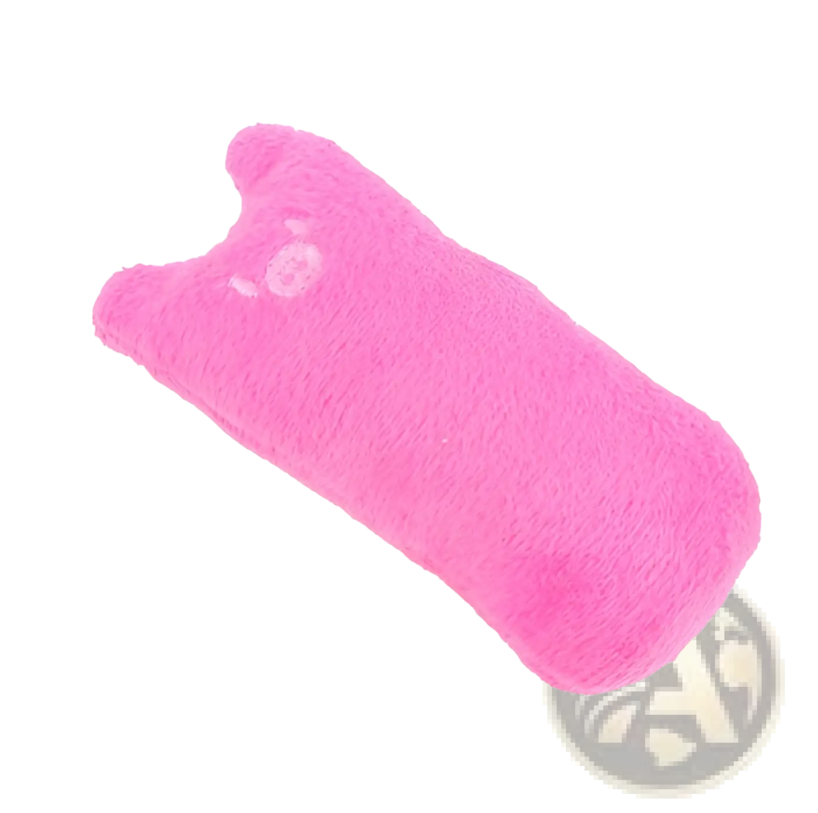 Pink fuzzy bunny-shaped phone case with embroidered face details designed as a catnip toy plush pillow for cats