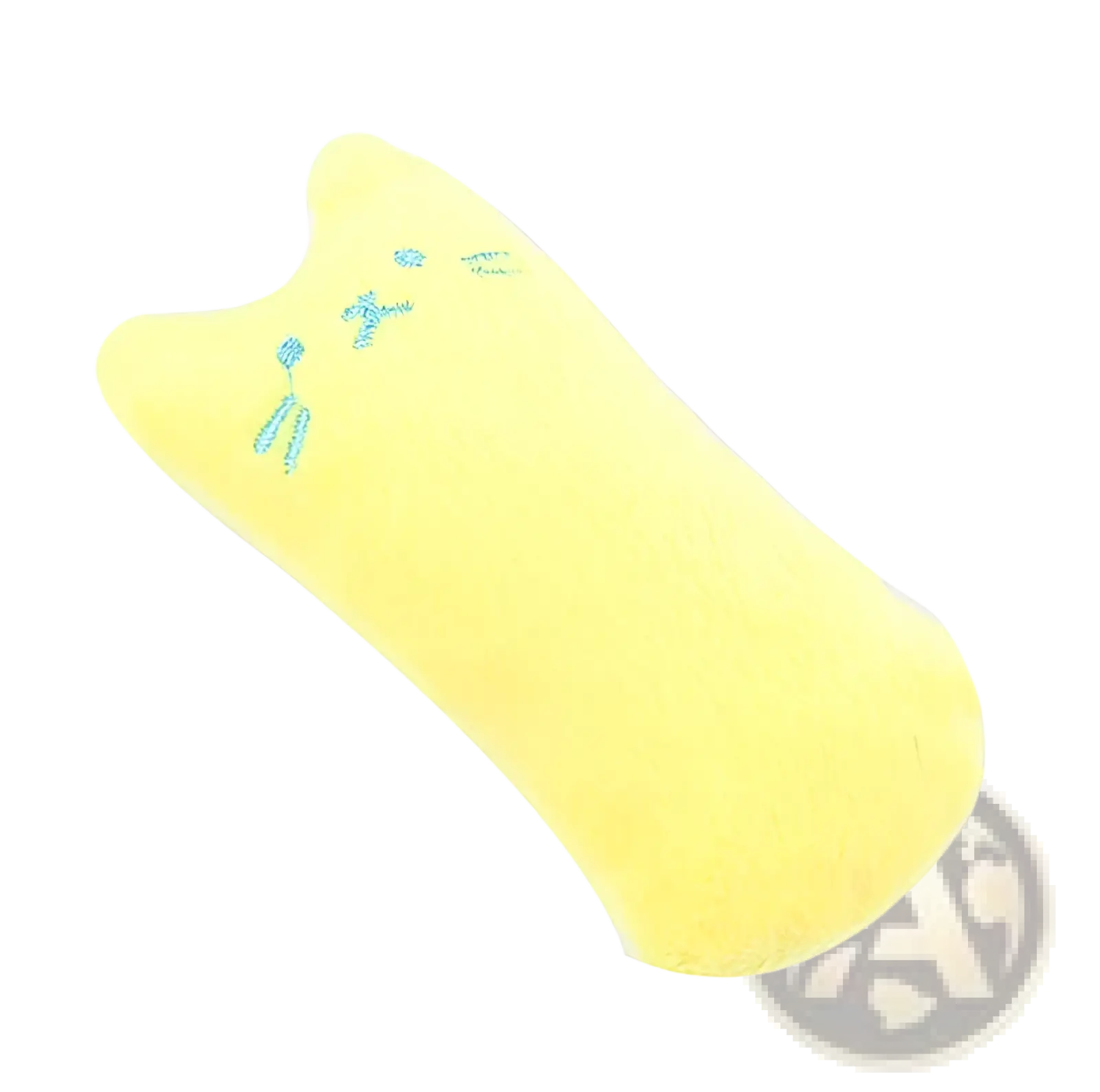 A soft yellow plush catnip toy pillow with embroidered blue facial features for interactive cat play