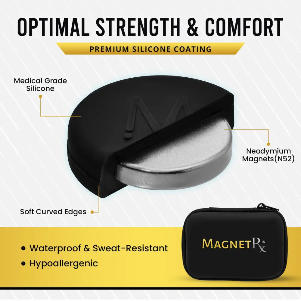 Black silicone-coated neodymium magnet with sleek curved design and metallic silver face for cauliflower ear compression kit