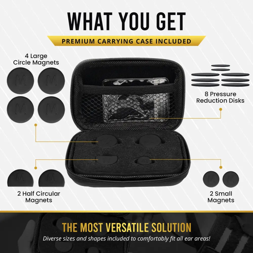 Black premium silicone carrying case with mesh interior and padded compartments for organizing earplugs in compression kit