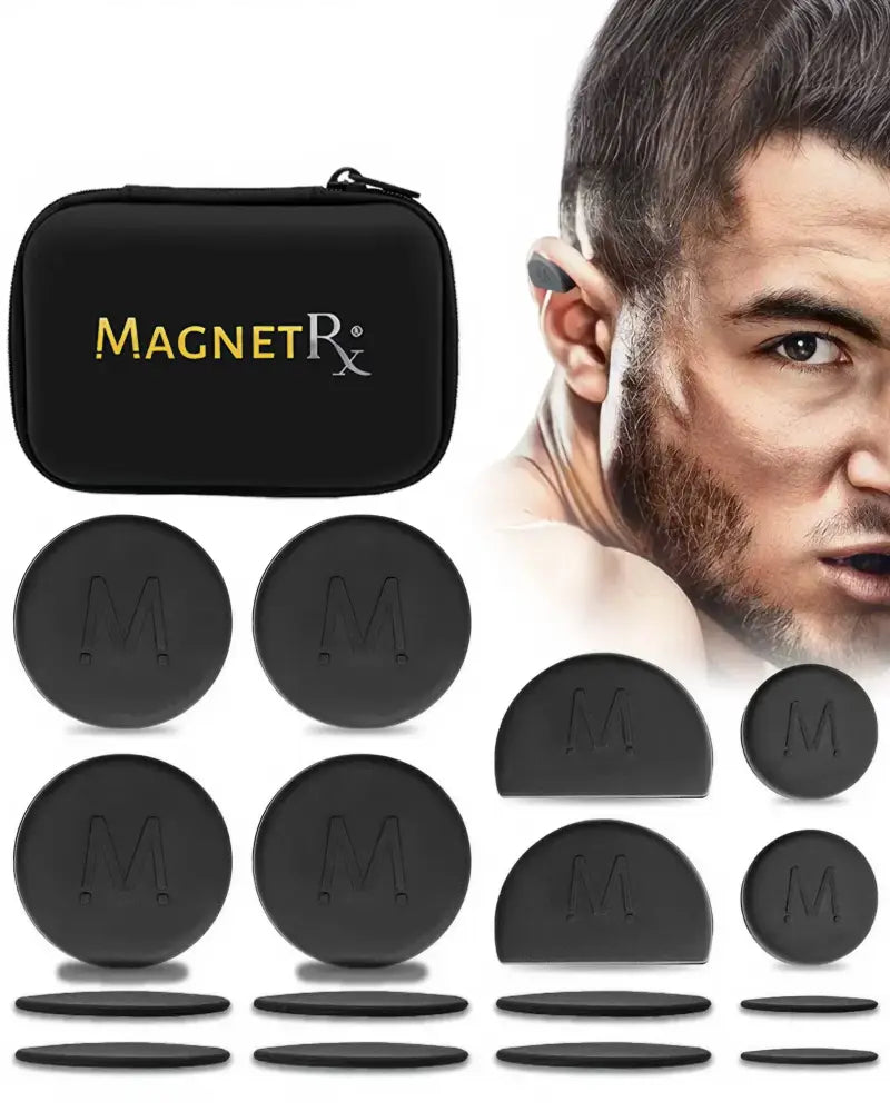 Premium silicone cauliflower ear compression magnet kit with black magnetic therapy discs in gold lettered carrying case