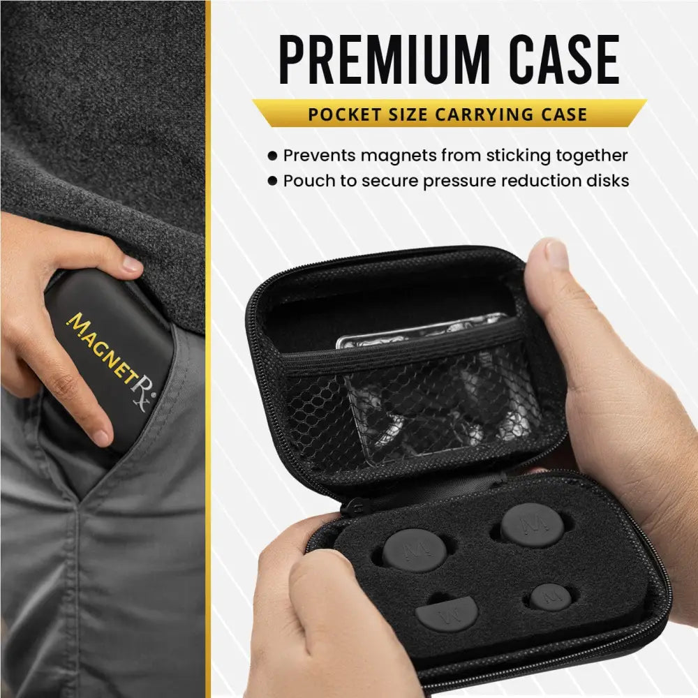 Black silicone magnetic therapy disk carrying case with mesh interior and molded foam compartments for cauliflower ear kit