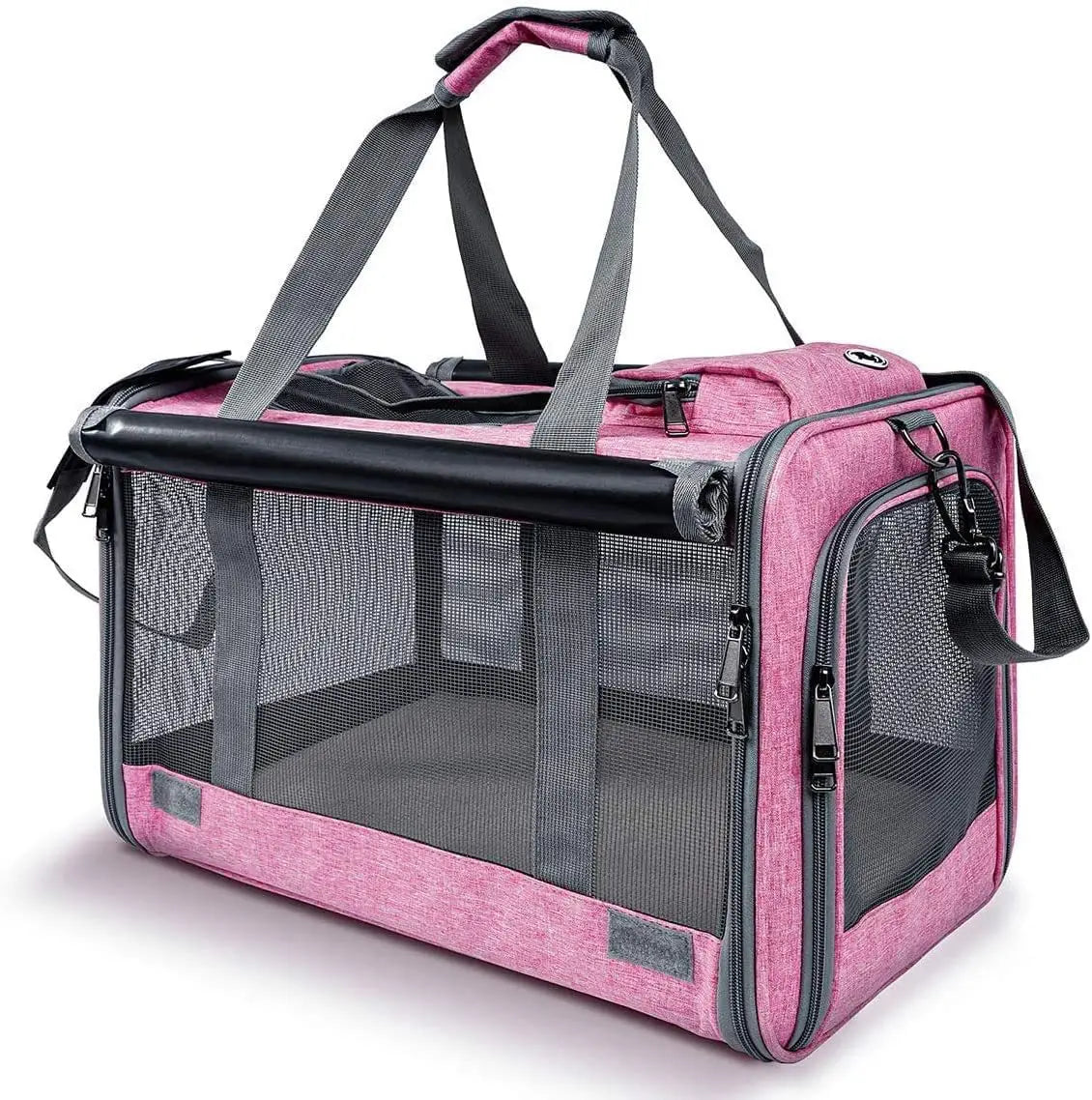 Pink and gray breathable oxford pet carrier shoulder bag with mesh sides, black handle, and zipper accents.