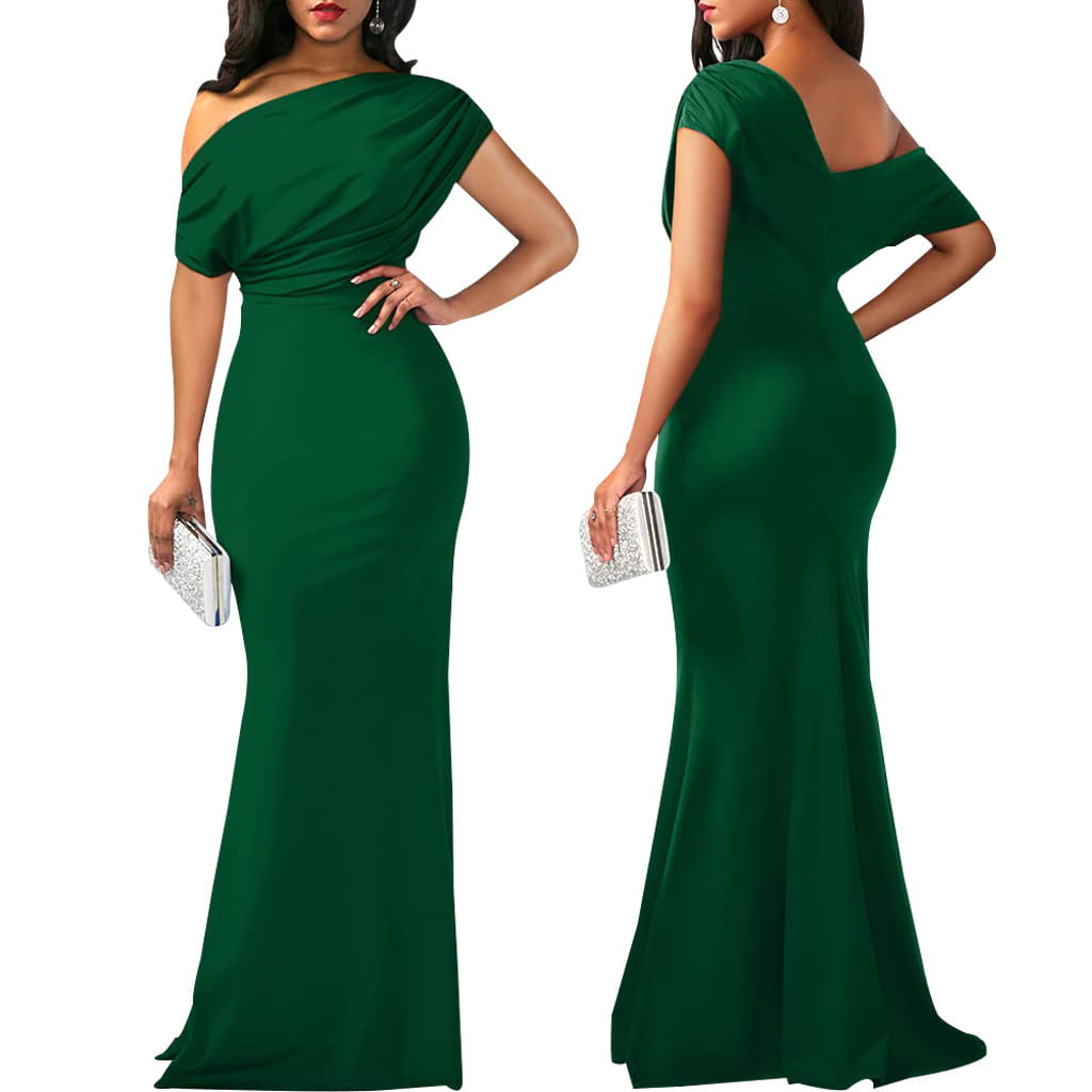 Emerald green off the shoulder mermaid evening gown with draped fitted bodice and flowing skirt.